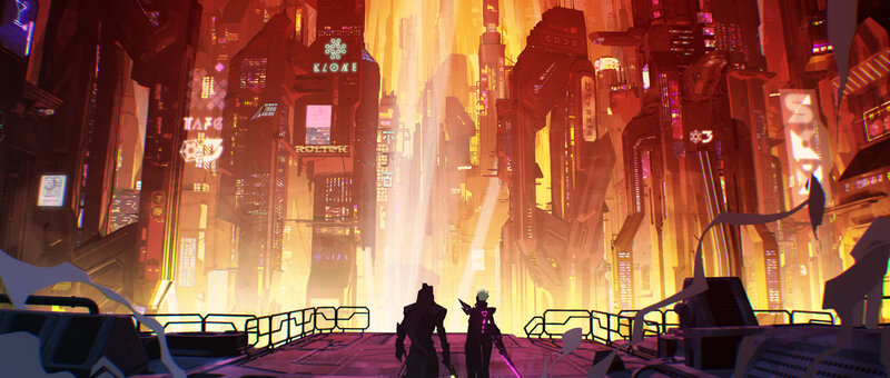 Two Figures in a City — Orange, Dramatic