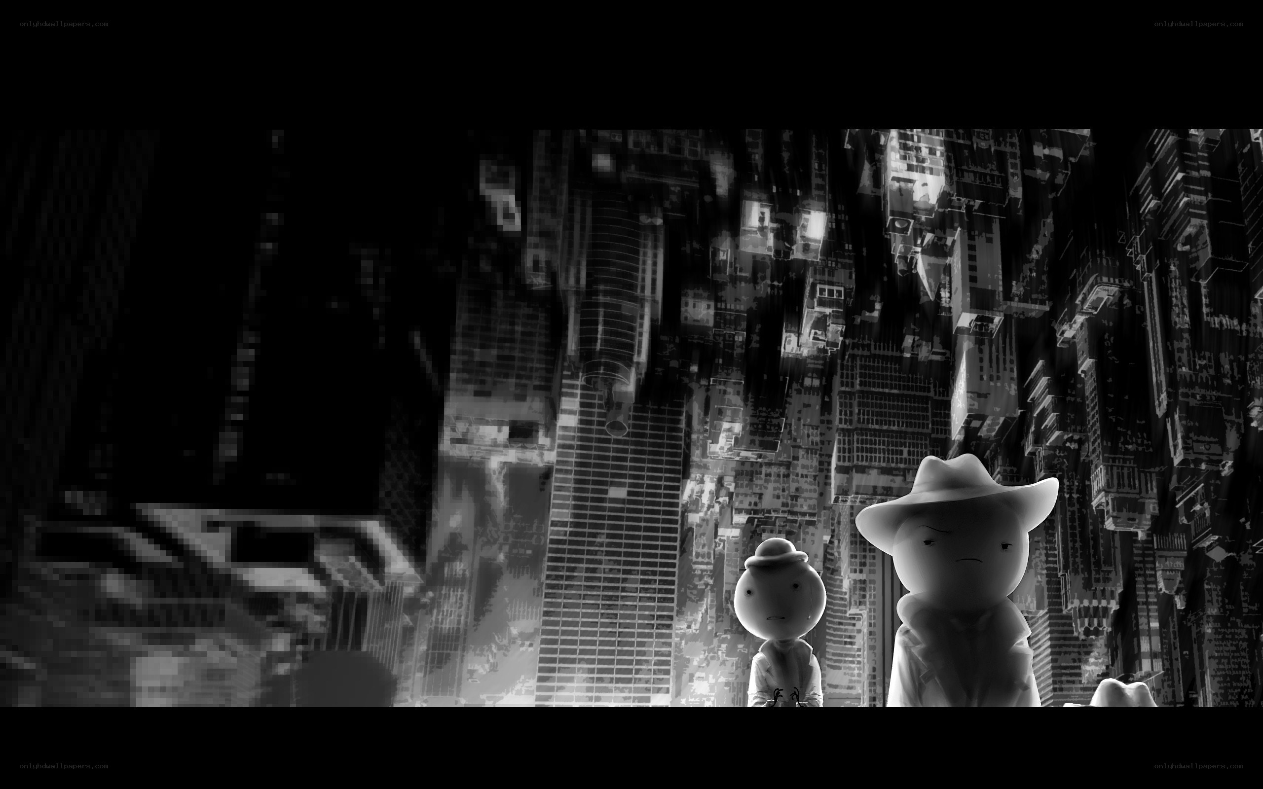Two figures in a cityscape