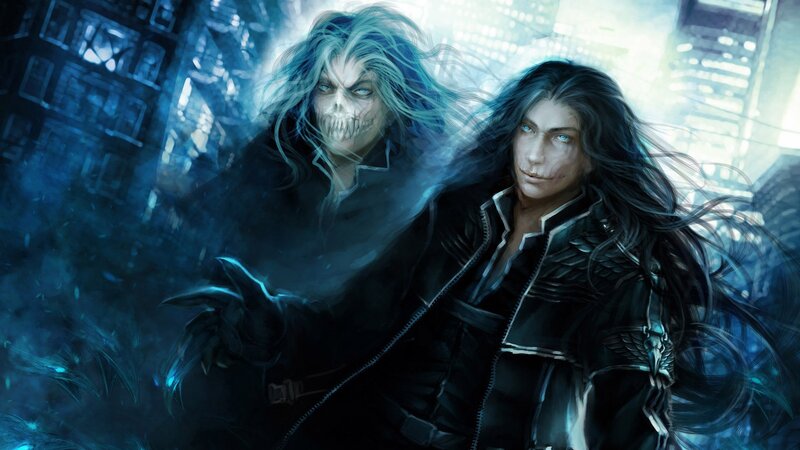 Two figures in a dark city