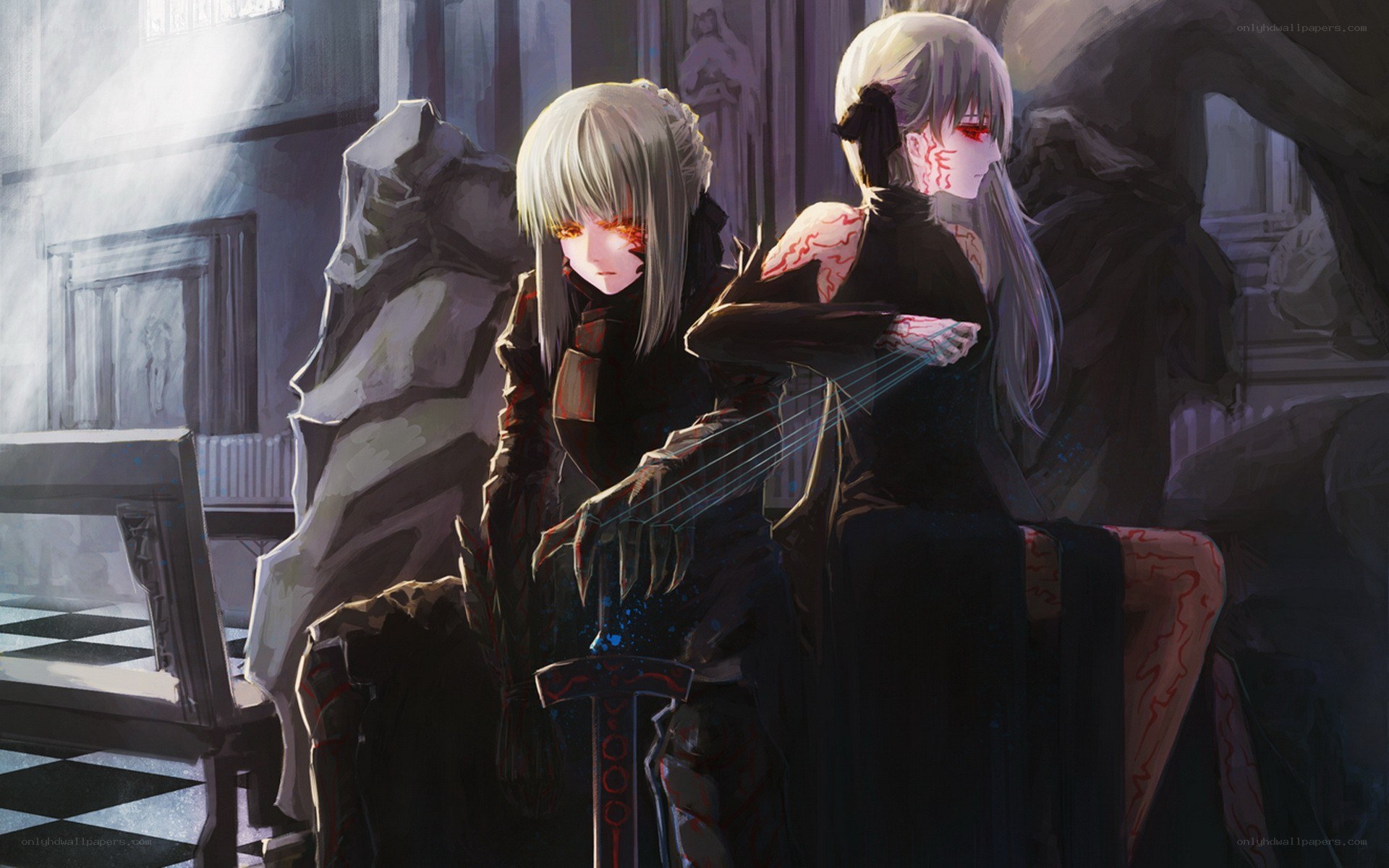 Two figures in a dark hall