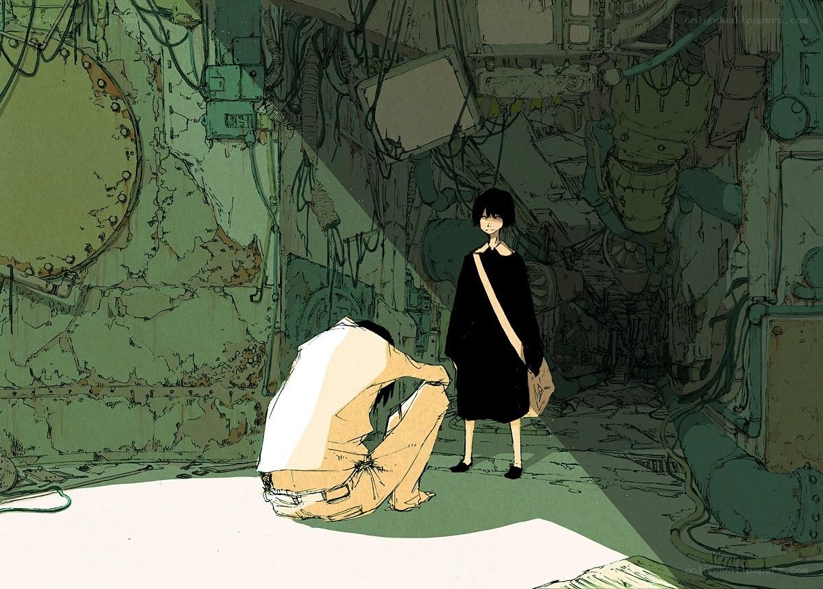 Two figures in a derelict facility