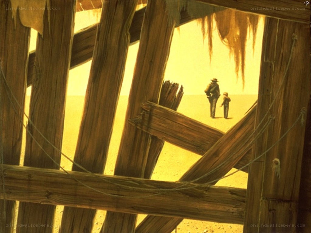 Two figures in a desert landscape
