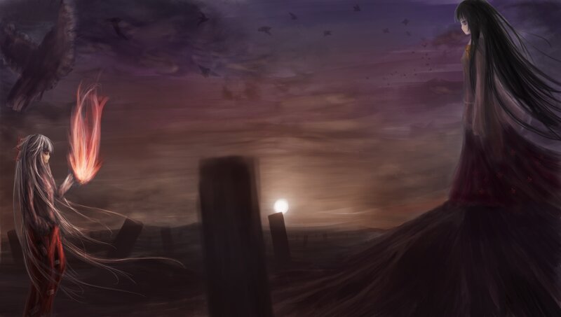 Two figures in a desolate landscape