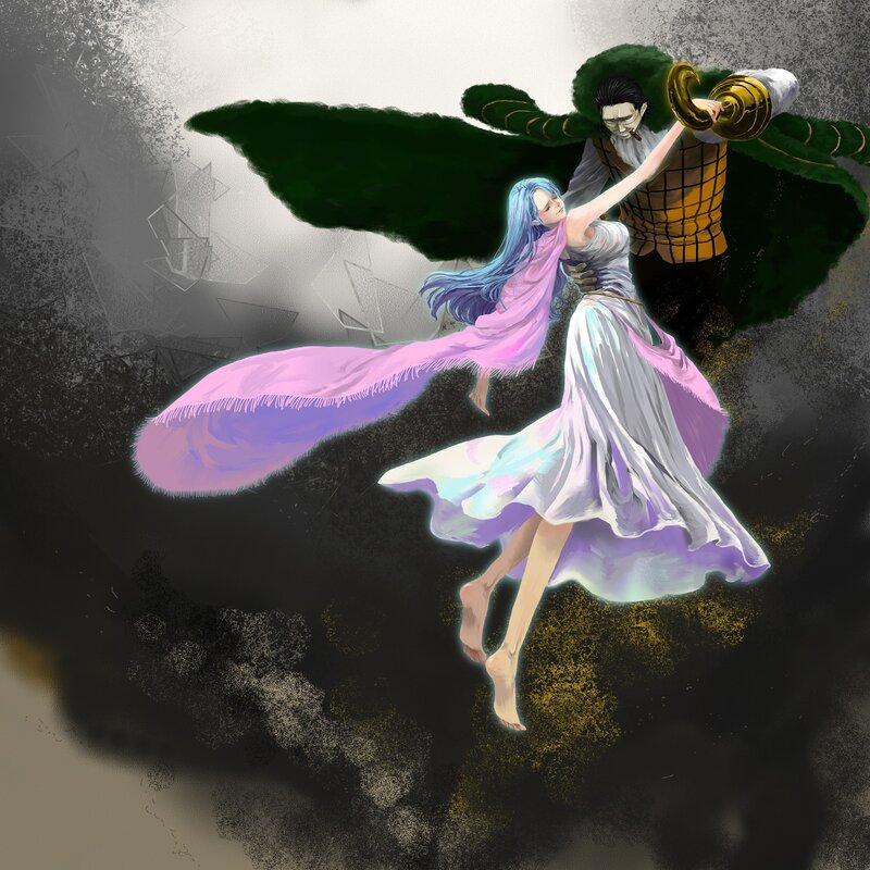 Two figures in a dramatic pose