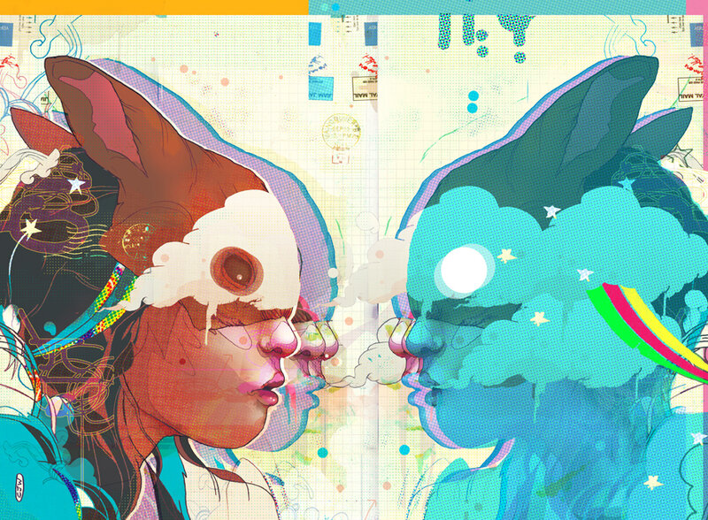two figures in a dreamlike embrace
