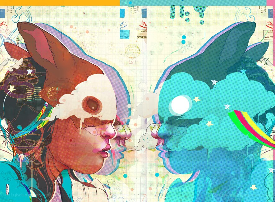 two figures in a dreamlike embrace