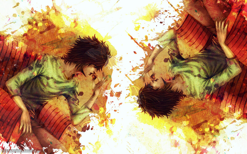 two figures in a dreamlike embrace