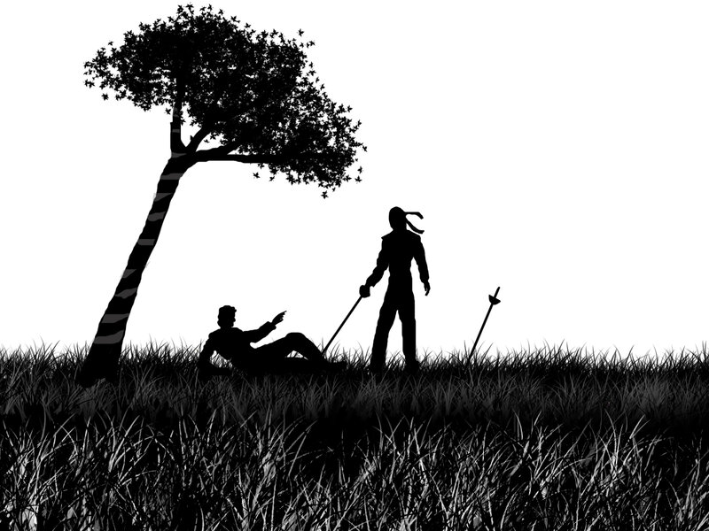 Two Figures in a Field — Black, Dramatic