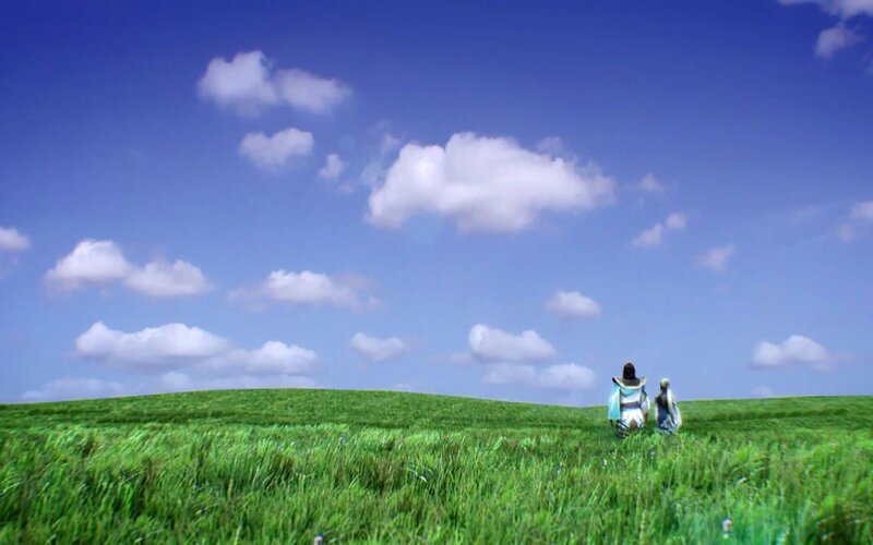 Two Figures in a Field — Green, Serene, Afternoon, 3d Render