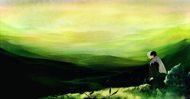 Two Figures in a Field — Green, Serene, Sunset