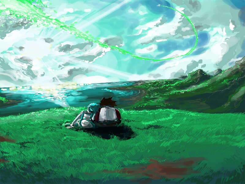 Two Figures in a Field — Green, Serene