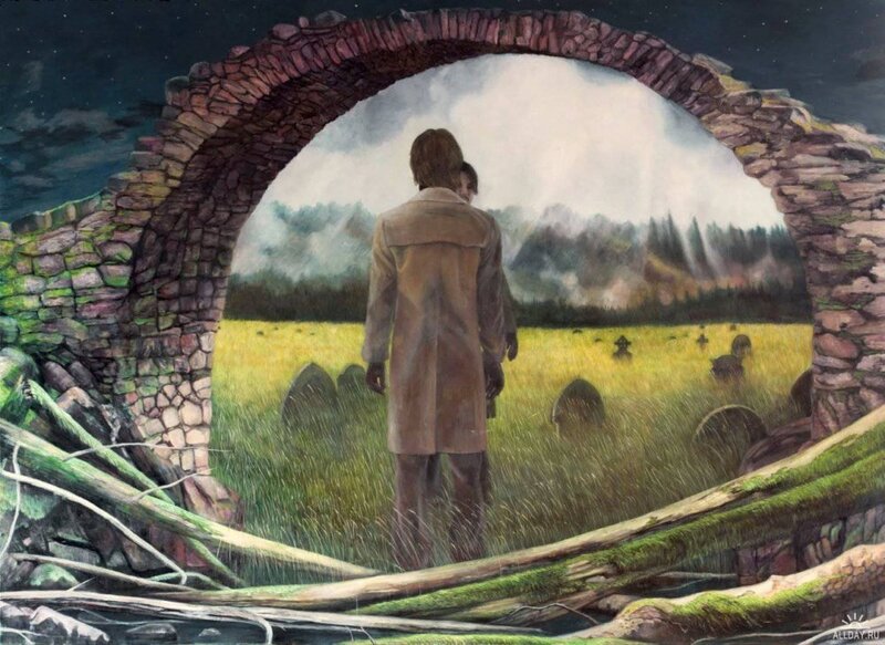 Two Figures in a Field — Green, Somber