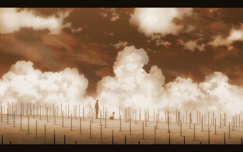 Two figures in a field of poles