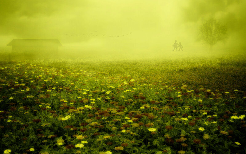 Two Figures in a Field — Yellow, Dreamy