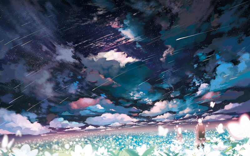 Two Figures in a Flower Field — Blue, Serene, Night, Digital Art
