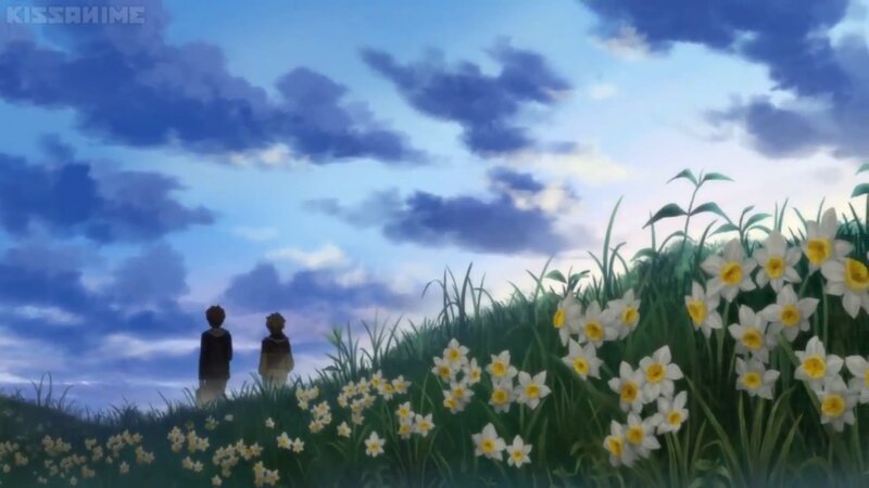 Two Figures in a Flower Field — Blue, Serene, Sunset