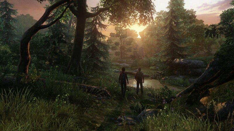 Two figures in a forest at sunset