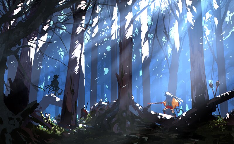 Two Figures in a Forest — Blue, Dramatic