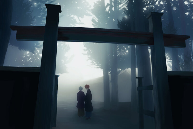Two Figures in a Forest — Blue, Serene