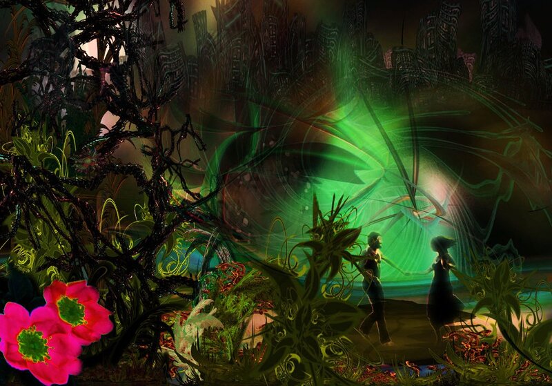 Two Figures in a Forest — Green, Mysterious, Night