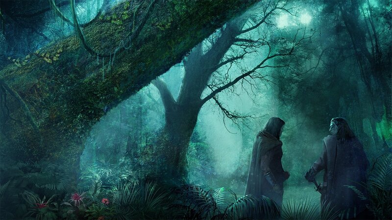 Two Figures in a Forest — Green, Mysterious