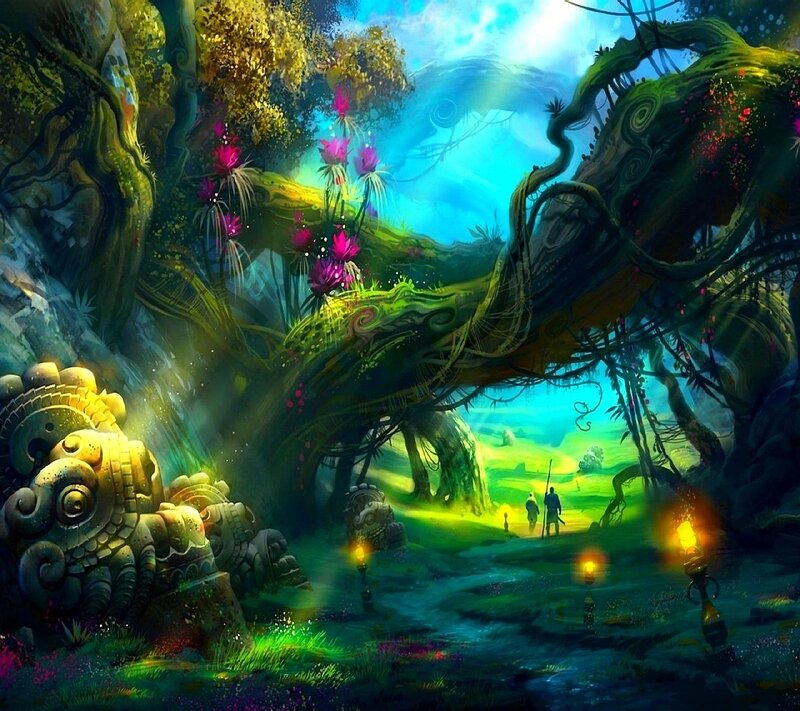 Two Figures in a Forest — Green, Mystical