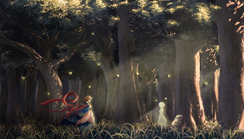 Two Figures in a Forest — Green, Serene, Morning, Digital Art