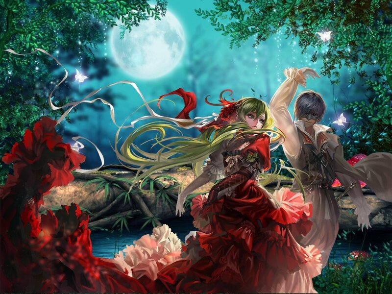 Two Figures in a Forest — Green, Serene, Night