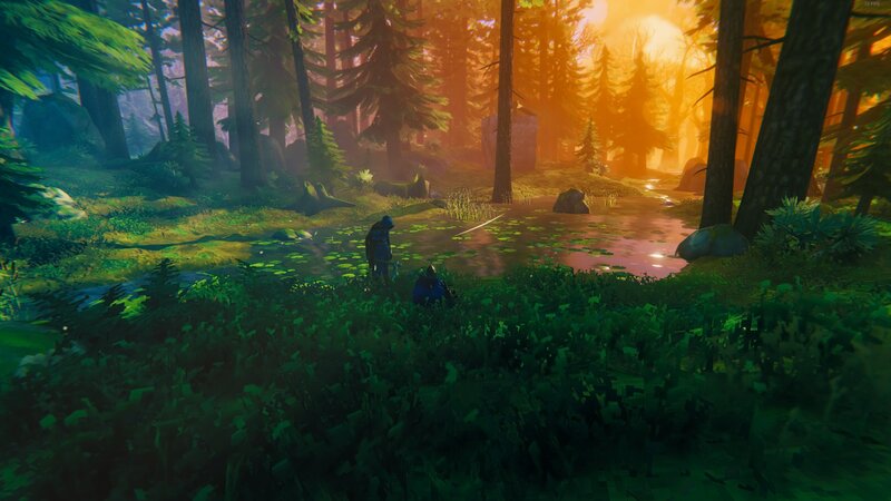 Two Figures in a Forest — Green, Serene, Sunset