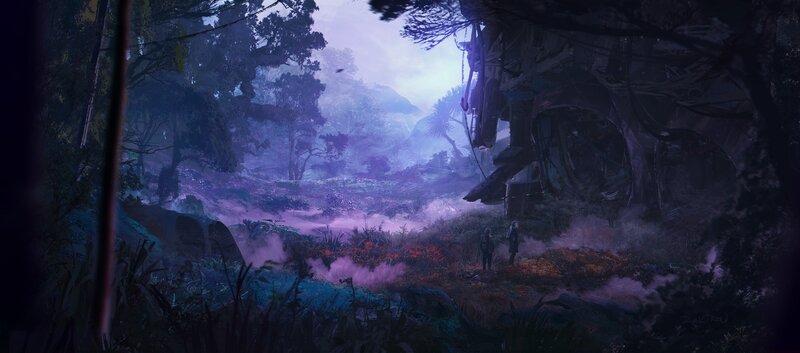 Two Figures in a Forest — Purple, Mysterious