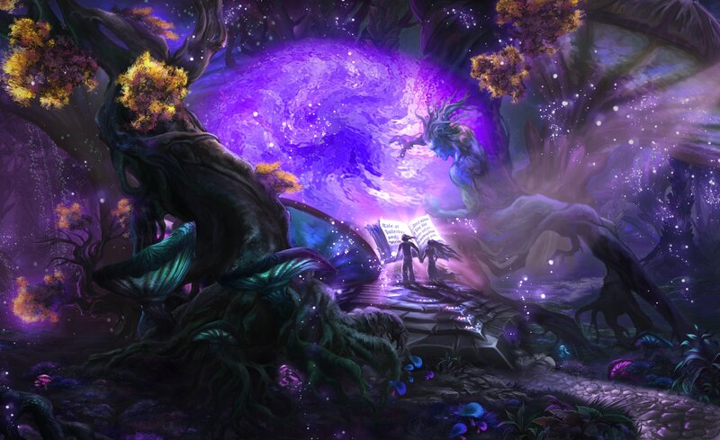 Two Figures in a Forest — Purple, Mystical
