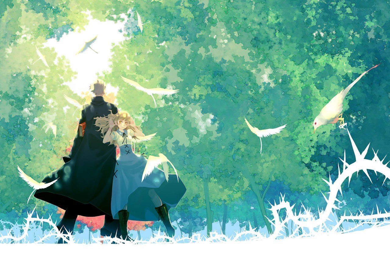 Two figures in a forest with birds