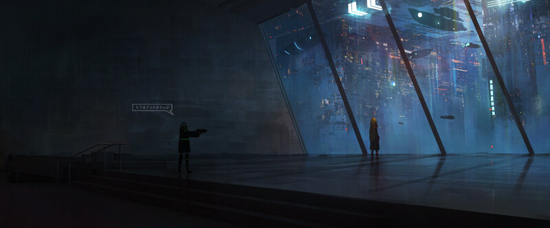 Two Figures in a Futuristic Room