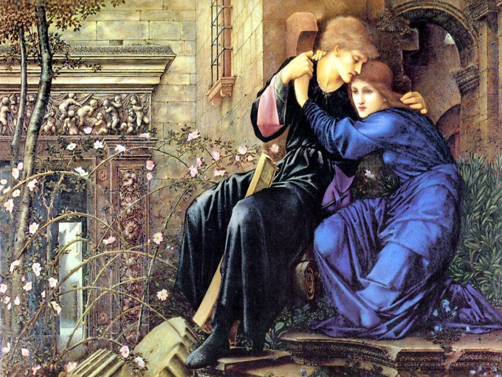 Two figures in a garden embrace