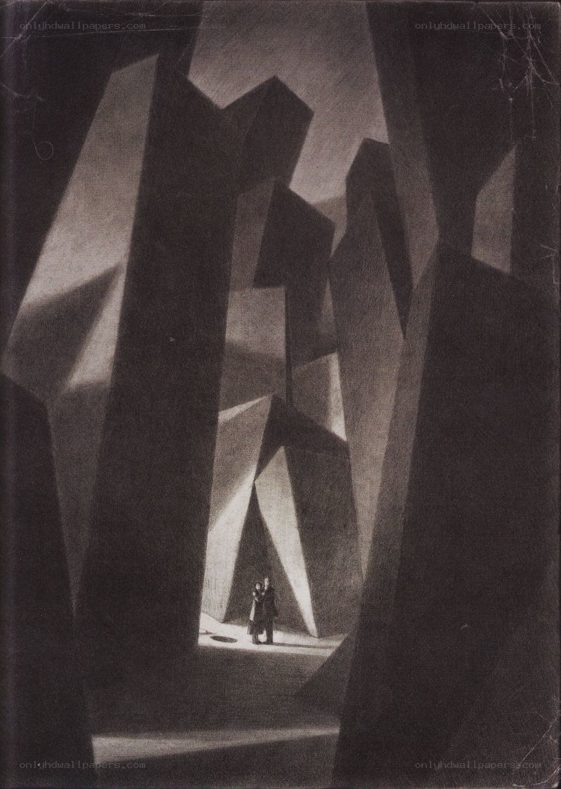 Two figures in a geometric canyon