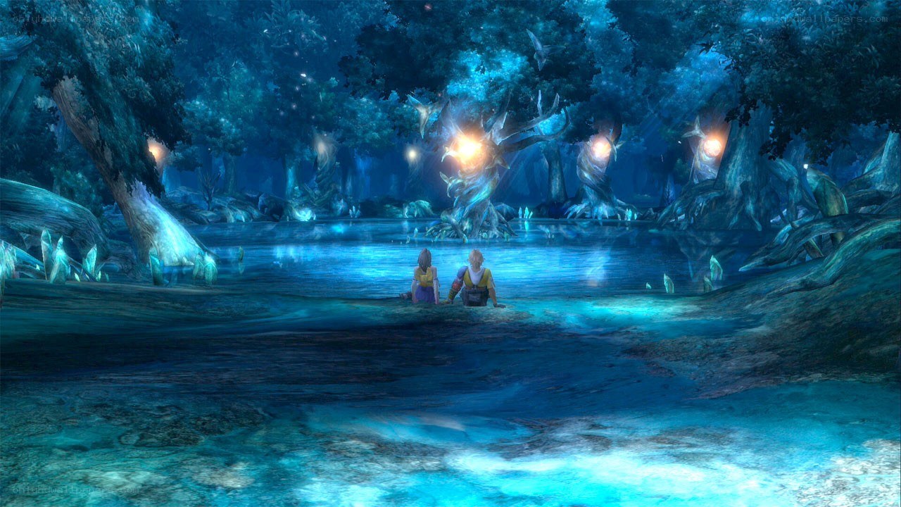 two figures in a glowing forest