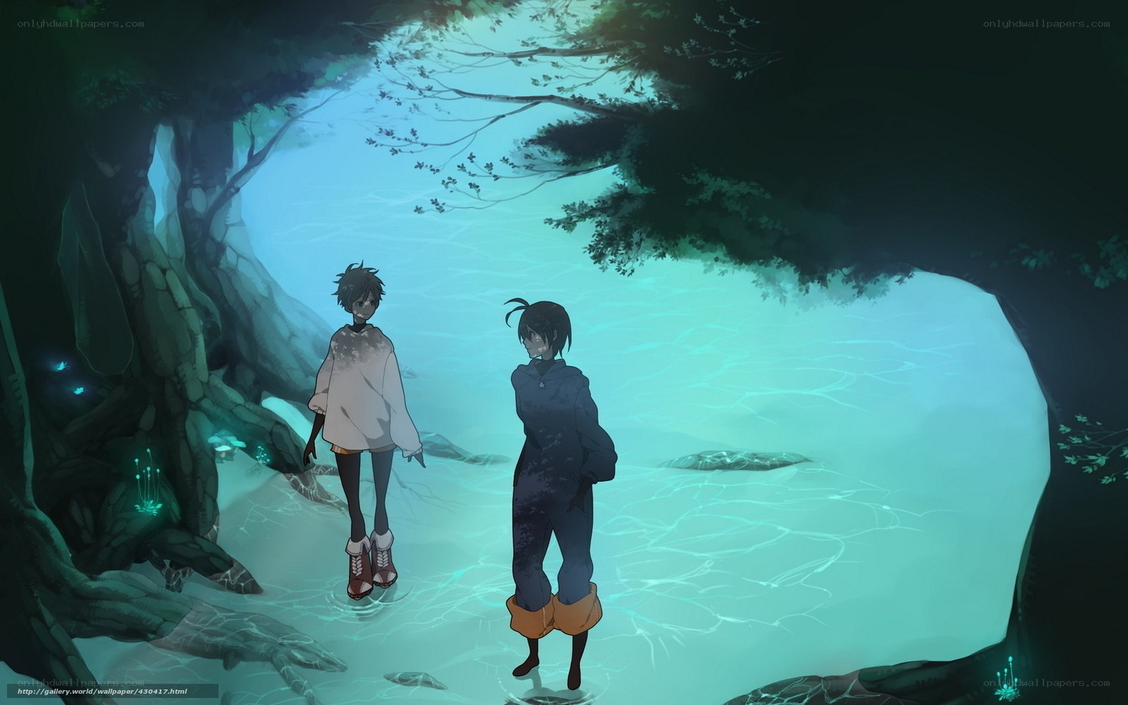 Two figures in a glowing forest