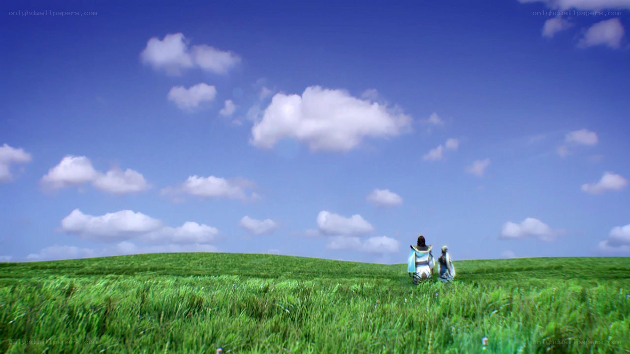 Two figures in a green field