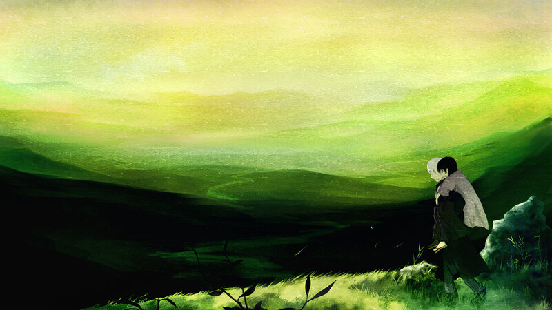 Two figures in a green landscape