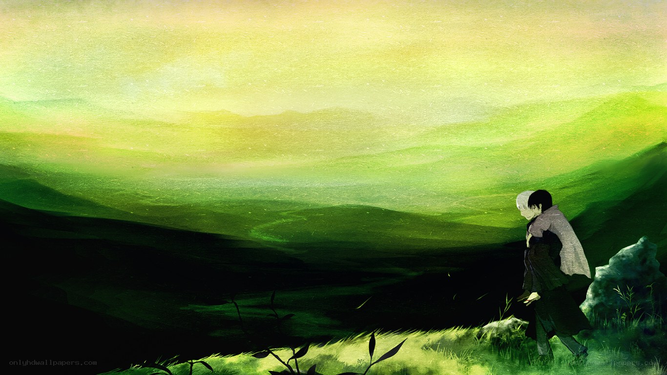 Two figures in a green landscape