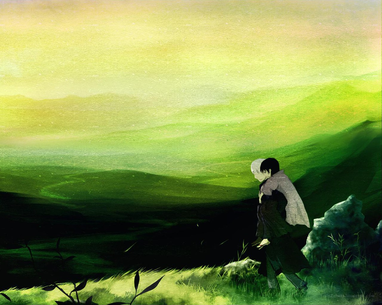 two figures in a green landscape
