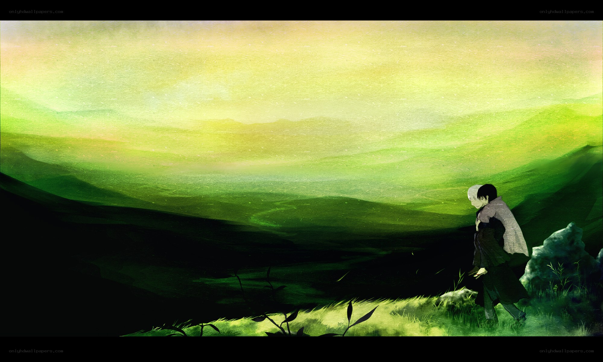 two figures in a green landscape