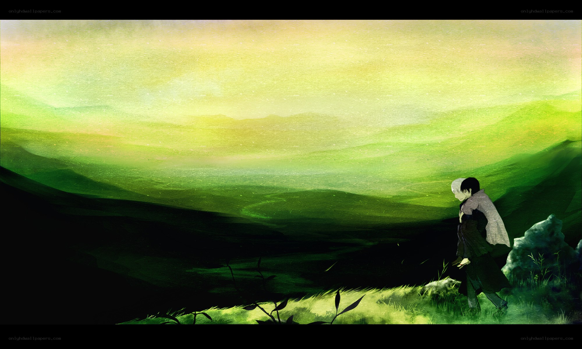 Two figures in a green landscape