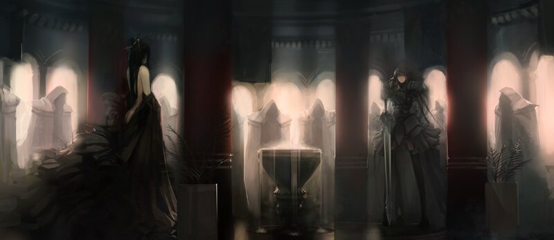 Two Figures in a Hall — Black, Dramatic, Night