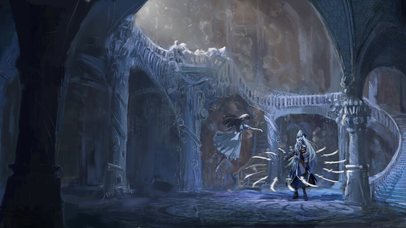 Two Figures in a Hall — Blue