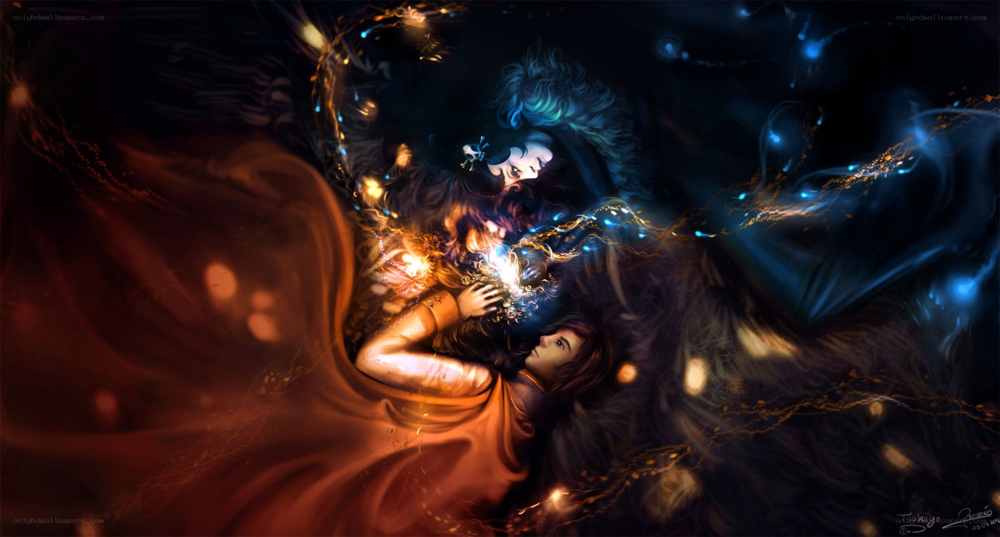 two figures in a magical embrace