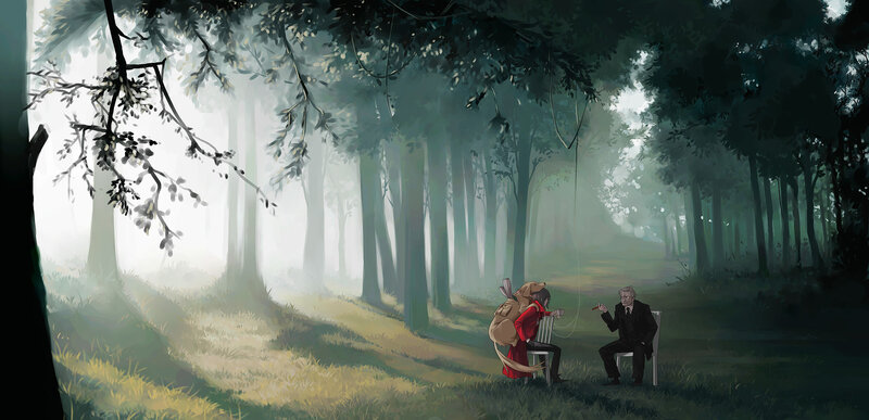Two figures in a misty forest