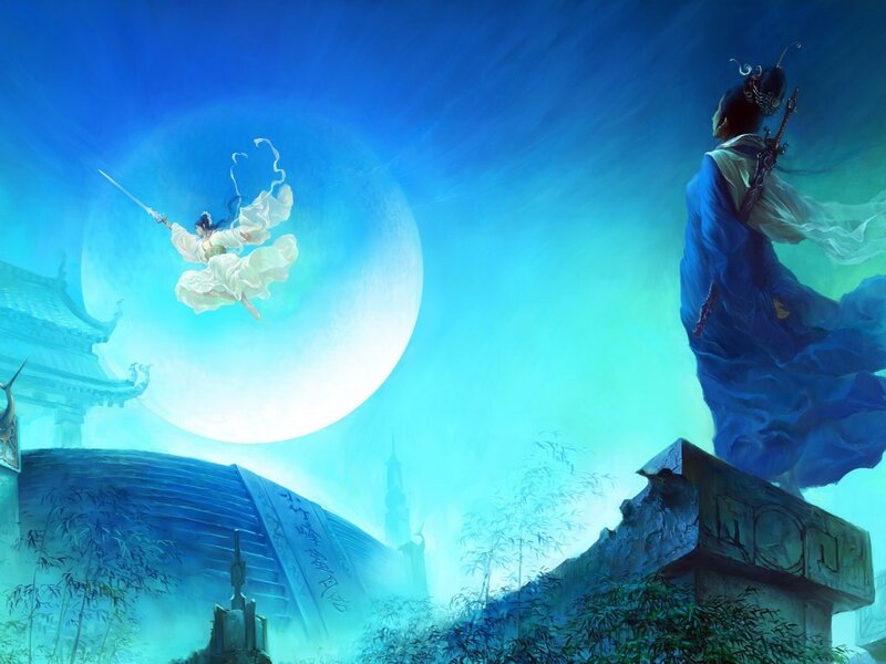 Two Figures in a Moonlit Scene — Blue, Dramatic, Night