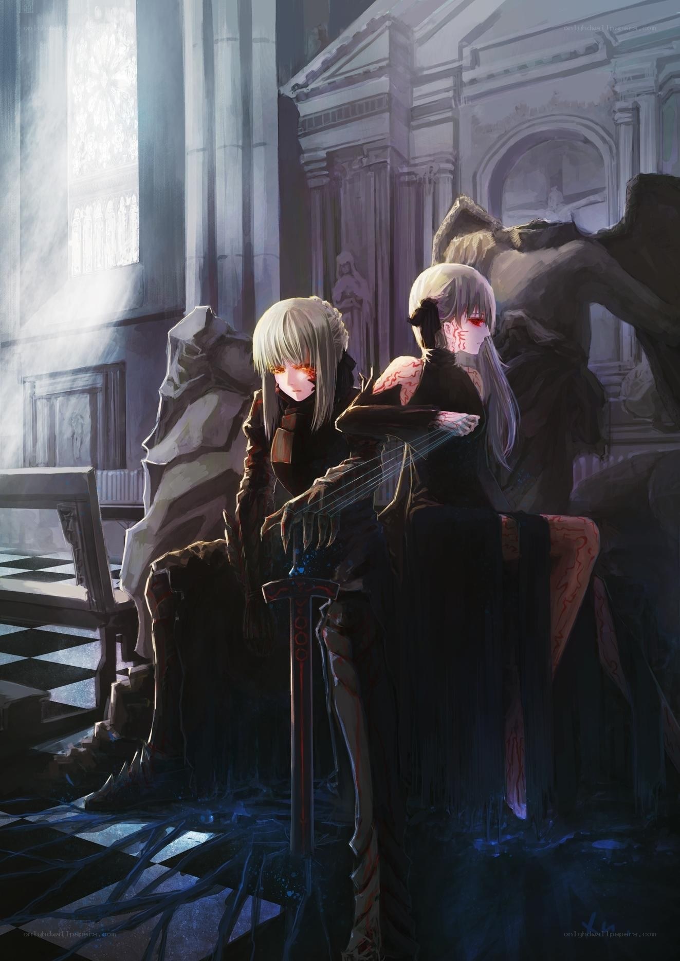 Two figures in a ruined cathedral