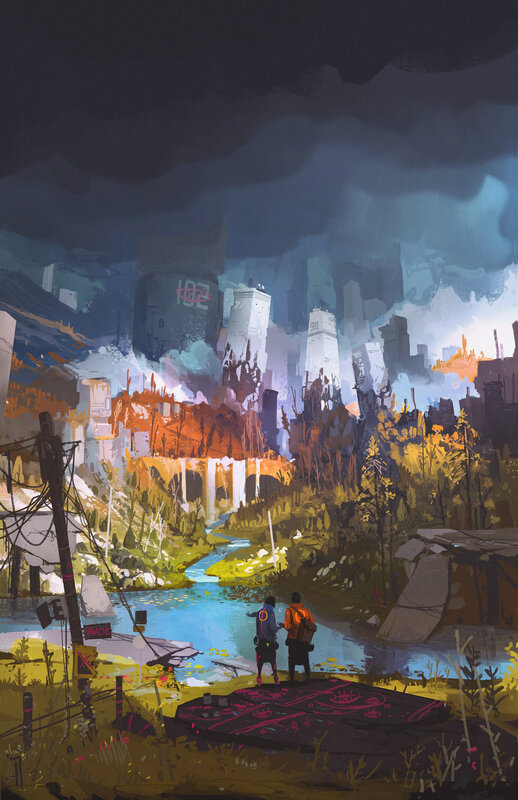 Two Figures in a Ruined City — Dark Blue